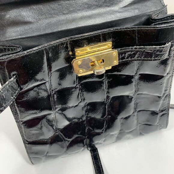 Meyers Black Patent Leather Purse Moc Croc Made ITALY Shoulder Handbag VTG - Picture 9 of 13
